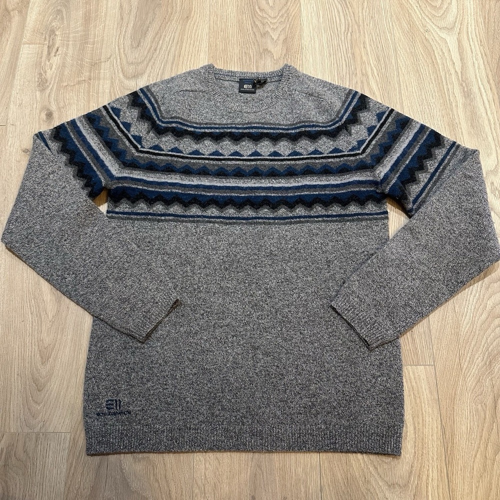 NWOT Elevenate Men's M 100% Lambswool Sweater Blue Fair Isle Ski Outdoor $245